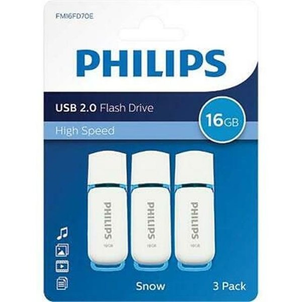 Signify Philips PHMMD16GSNOWU2P3 USB2.0 Snow 16GB Snow Edition Flash Drive; White & Blue - Pack of 3 PHMMD16GSNOWU2P3
